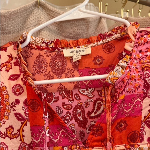 Umgee Vibrant Long Sleeve Dress - Red and Pink Patchwork - Picture 2 of 2